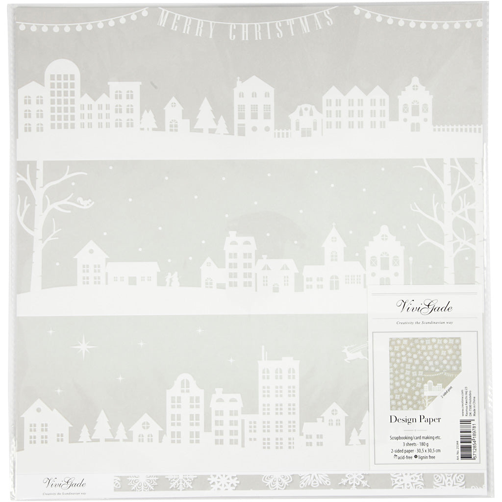 Papier design Vivi Gade, maisons et flocons de neige, feuille 30,5x30,5 cm, 180 gr, 3 feuilles 1 boîte