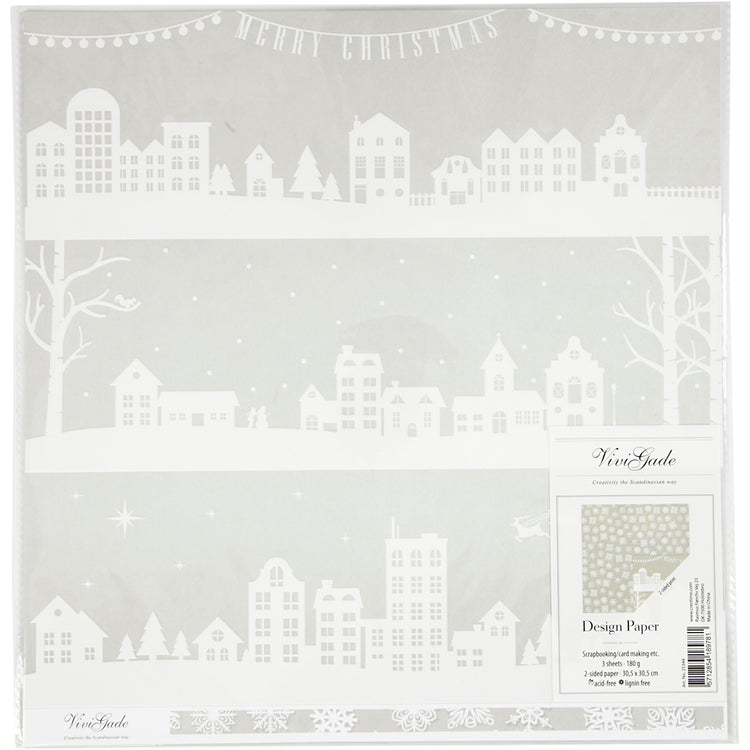 Papier design Vivi Gade, maisons et flocons de neige, feuille 30,5x30,5 cm, 180 gr, 3 feuilles 1 boîte