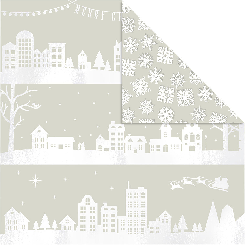 Papier design Vivi Gade, maisons et flocons de neige, feuille 30,5x30,5 cm, 180 gr, 3 feuilles 1 boîte