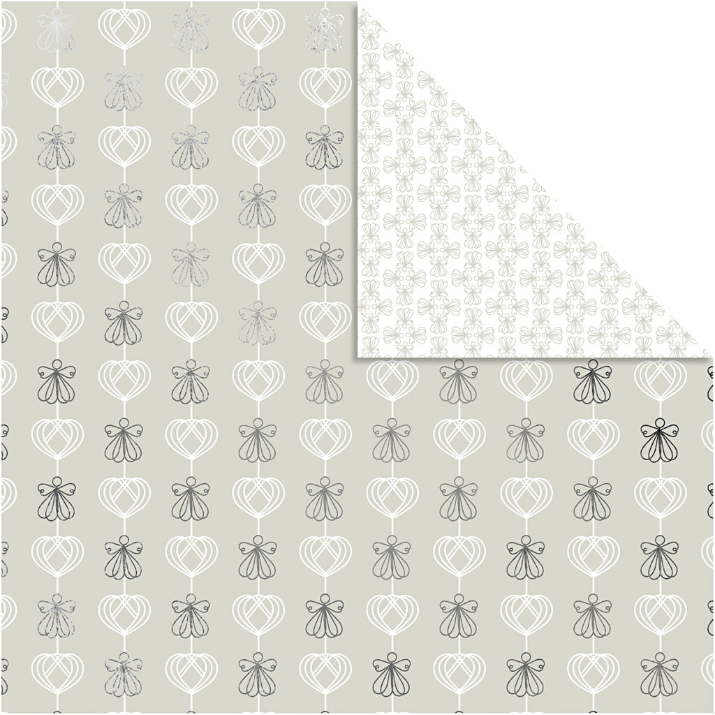 Papier design Vivi Gade, anges et coeurs, feuille 30,5x30,5 cm, 180 gr, argent, 3 feuilles 1 boîte