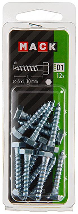 Mack 1017402 - boulon fileté à bois en acier galvanisé 12 pièces 6 x 30 mm | 10 pièces