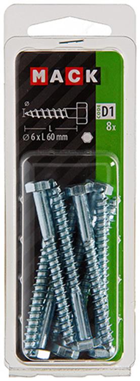 Mack 1017406 - boulon fileté à bois en acier galvanisé 8 pièces 6 x 60 mm | 10 pièces