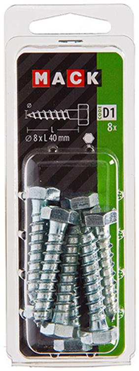 Mack 1017414 - boulon fileté à bois en acier galvanisé 8 pièces 8 x 40 mm | 5 pièces