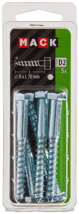 Mack 1017417 - boulon fileté à bois en acier galvanisé 5 pièces 8 x 70 mm | 5 pièces