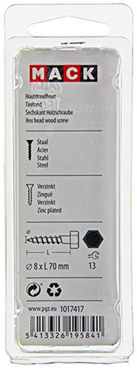 Mack 1017417 - boulon fileté à bois en acier galvanisé 5 pièces 8 x 70 mm | 5 pièces