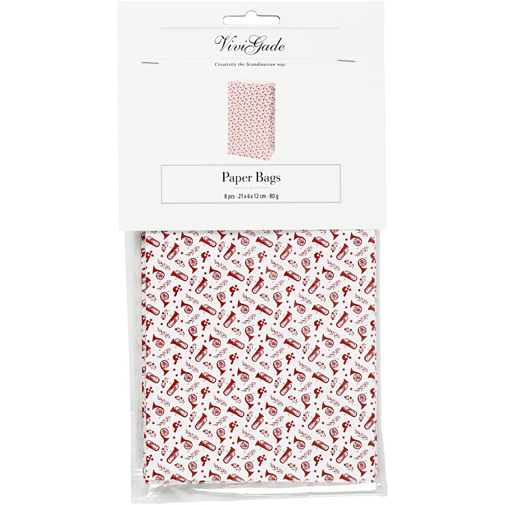 Sacs en papier Vivi gade, trompette, h: 21 cm, dim. 6x12 cm, 80 g, rouge, blanc, 8 pièces 1 boîte