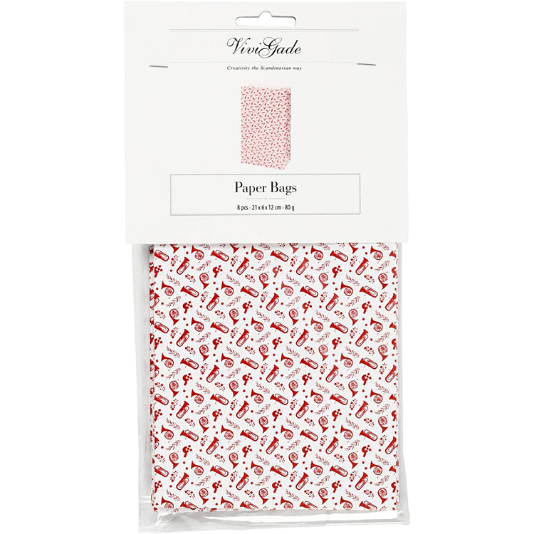 Sacs en papier Vivi gade, trompette, h: 21 cm, dim. 6x12 cm, 80 g, rouge, blanc, 8 pièces 1 boîte