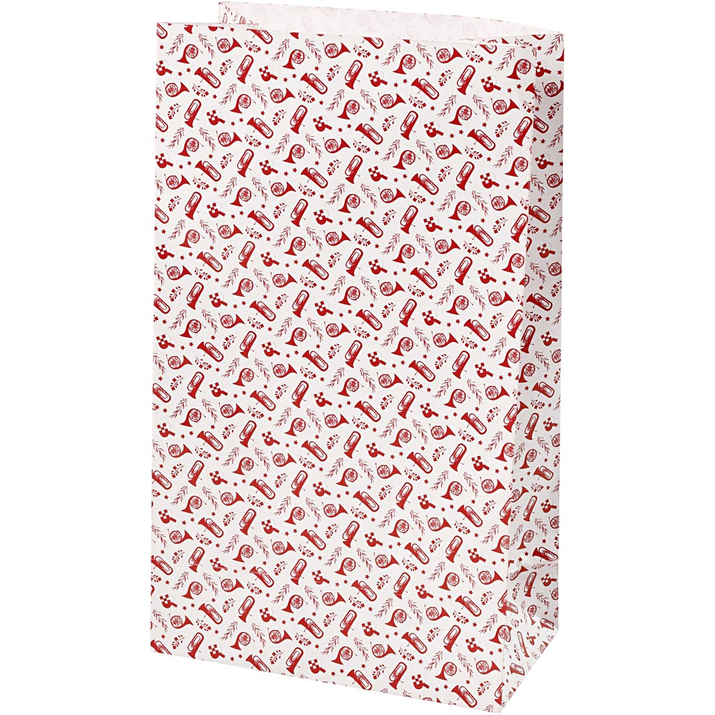 Sacs en papier Vivi gade, trompette, h: 21 cm, dim. 6x12 cm, 80 g, rouge, blanc, 8 pièces 1 boîte