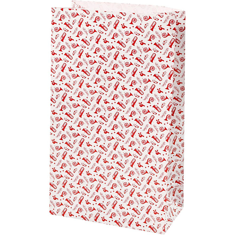 Sacs en papier Vivi gade, trompette, h: 21 cm, dim. 6x12 cm, 80 g, rouge, blanc, 8 pièces 1 boîte