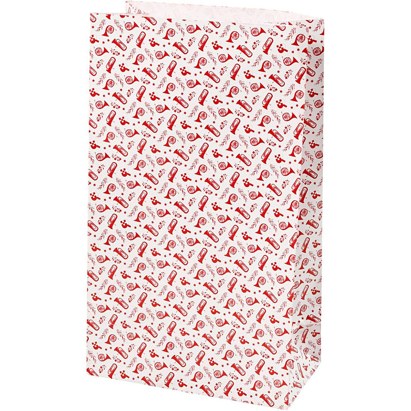 Sacs en papier Vivi gade, trompette, h: 21 cm, dim. 6x12 cm, 80 g, rouge, blanc, 8 pièces 1 boîte