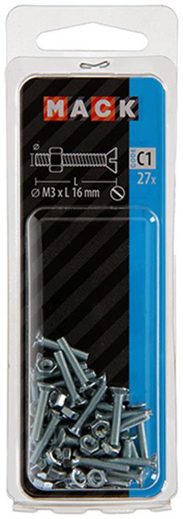 Mack 1017489 - vis à métal galvanisée. tête + écrou plaqué 27pcs m3 x 16 mm | 10 pièces