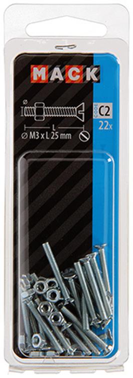 Mack 1017490 - vis à métal galvanisée. tête + écrou plaqué 22pcs m3 x 25 mm | 10 pièces