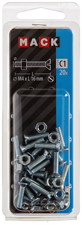 Mack 1017491 - vis à métal galvanisée. tête + écrou plaqué 20pcs m4 x 16 mm | 10 pièces