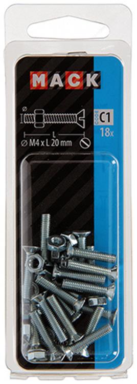 Mack 1017492 - vis à métal galvanisée. tête + écrou plaqué 18pcs m4 x 20 mm | 10 pièces