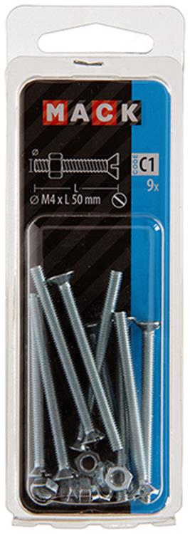 Mack 1017496 - vis à métal galvanisée. tête + écrou plaqué 9 pcs m4 x 50 mm | 10 pièces