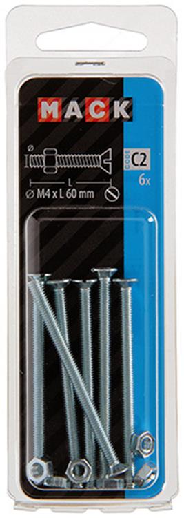 Mack 1017497 - vis à métal galvanisée. tête + écrou plaqué 6 pcs m4 x 60 mm | 10 pièces