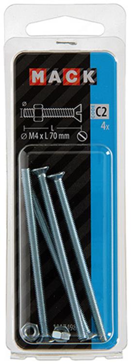 Mack 1017498 - vis à métal galvanisée. tête + écrou plaqué 4 pcs m4 x 70 mm | 10 pièces