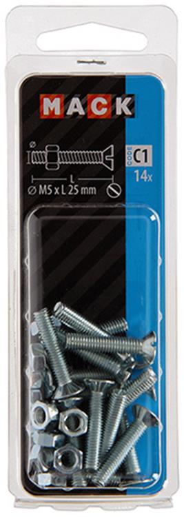 Mack 1017501 - vis à métal galvanisée. tête + écrou plaqué 14pcs m5 x 25 mm | 10 pièces