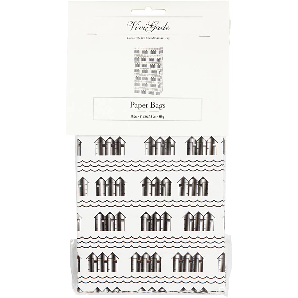 Sacs en papier Vivi gade, h : 21 cm, format 6x12 cm, 80 g, noir, blanc, 10 pièces 1 boîte