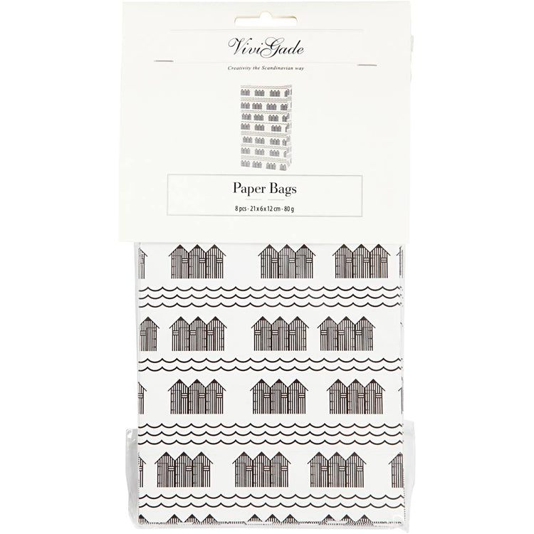 Sacs en papier Vivi gade, h : 21 cm, format 6x12 cm, 80 g, noir, blanc, 10 pièces 1 boîte