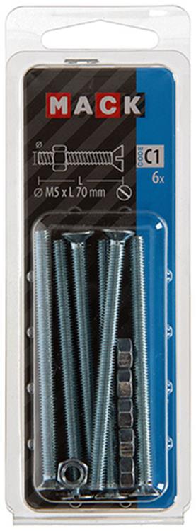 Mack 1017506 - vis à métal galvanisée. tête + écrou plaqué 6 pcs m5 x 70 mm | 10 pièces