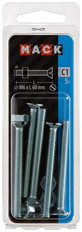 Mack 1017513 - vis à métal galvanisée. tête + écrou plaqué 5 pcs m6 x 60 mm | 10 pièces