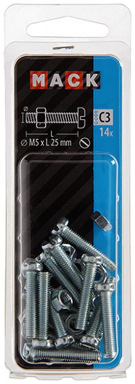 Mack 1017525 - vérin à vis métal. tête + écrou plaqué 14 pcs m5 x 25 mm | 10 pièces