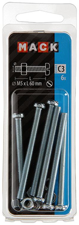 Mack 1017529 - vérin à vis métal. tête + écrou plaqué 6 pcs m5 x 60 mm | 10 pièces