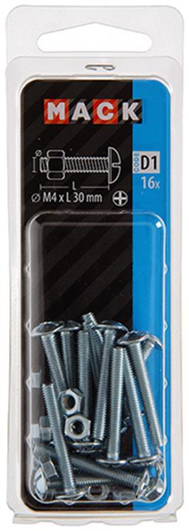 Mack 1017542 - boulon de chauffage + écrou acier galvanisé 16 pcs m4 x 30 mm | 10 pièces