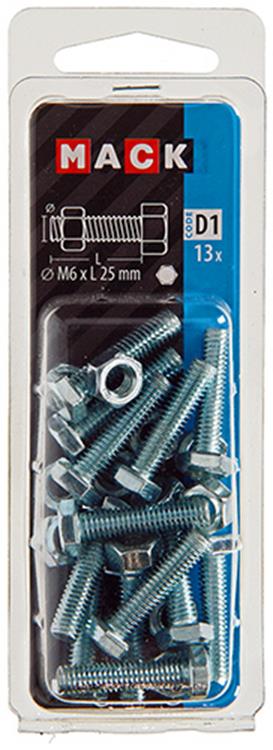 Mack 1017606 - boulon de robinet + écrou en acier galvanisé 13 pcs m6 x 25 mm | 10 pièces