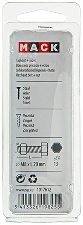 Mack 1017612 - boulon de robinet + écrou en acier galvanisé 7 pcs m8 x 20 mm | 10 pièces