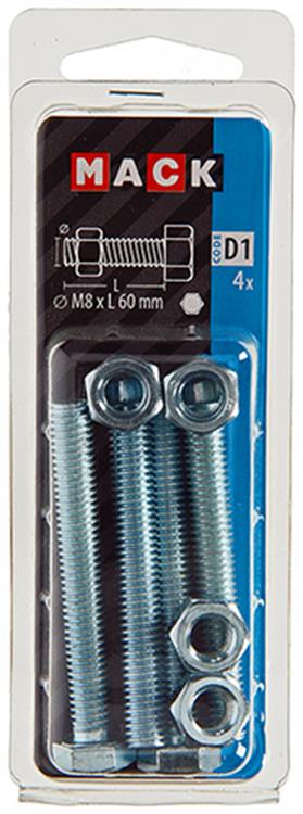 Mack 1017617 - boulon de robinet + écrou en acier galvanisé 4 pcs m8 x 60 mm | 10 pièces