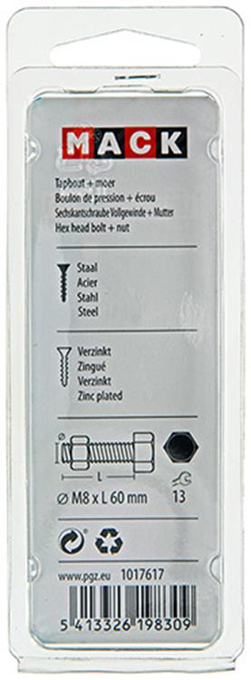 Mack 1017617 - boulon de robinet + écrou en acier galvanisé 4 pcs m8 x 60 mm | 10 pièces