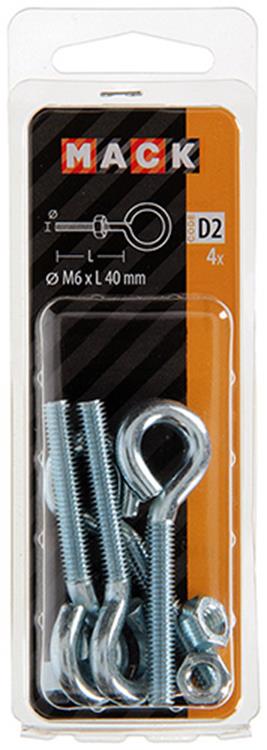 Mack 1017791 - oeil de vis métrique + écrou galvanisé 4 pcs m6 x 40 mm | 10 pièces