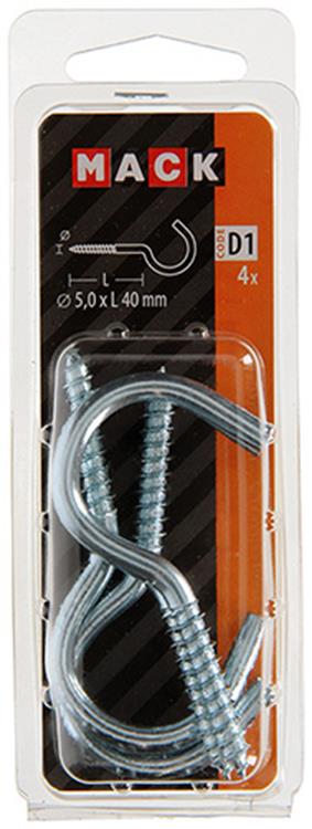 Mack 1017802 - crochet à vis acier galvanisé 4pcs 5,0 x 40 mm | 5 pièces