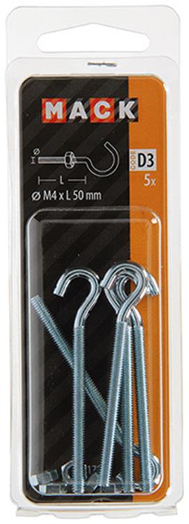 Mack 1017809 - crochet à vis métrique + écrou galvanisé 5 pcs m4 x 50 mm | 10 pièces