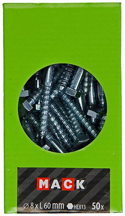 Mack 1020176 - boulon fileté à bois galvanisé 50 pcs 8 x 60 mm | 3 pièces
