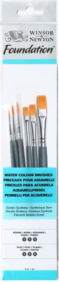 Winsor Newton 5295015 Ensemble de pinceaux aquarelle pour fond de teint - Manche court - 6 pièces - Pinceaux plats ronds pour aquarelle, gouache acrylique