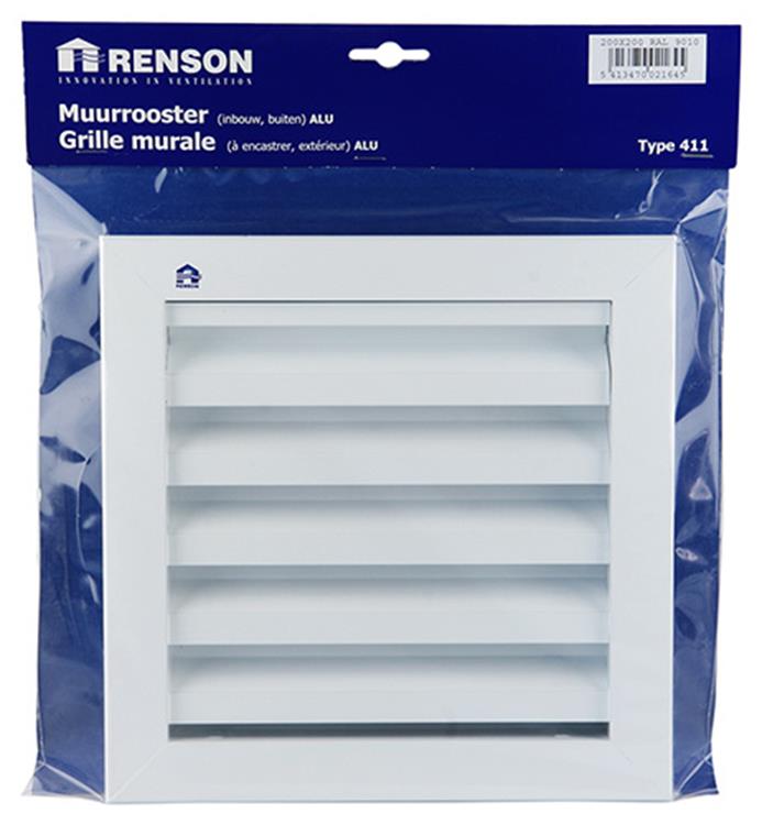 Renson 1006224 - grille murale encastrable 411 alu ral 9010 200x200mm | 1 pièce