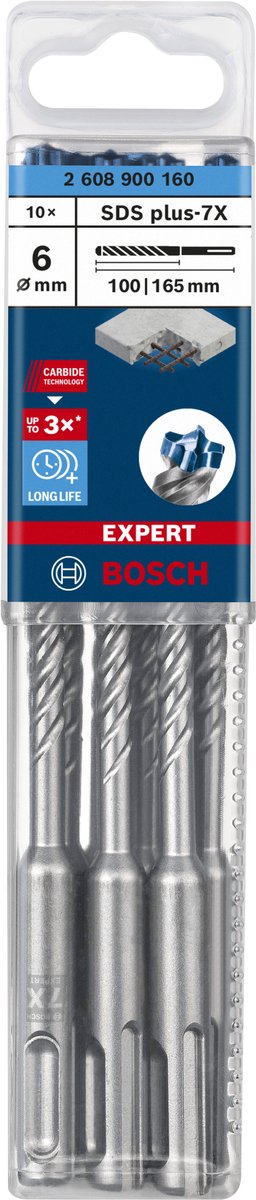 Bosch accessoires expert sds plus-7x marteau perforateur 6 x 100 x 165 mm - 10 pièce(s) - 2608900160