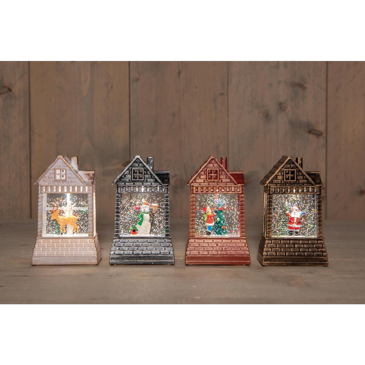 Anna's collection maison LED avec image dans de l'eau pailletée 14x8x4,5cm alimentée par batterie 4 assortis