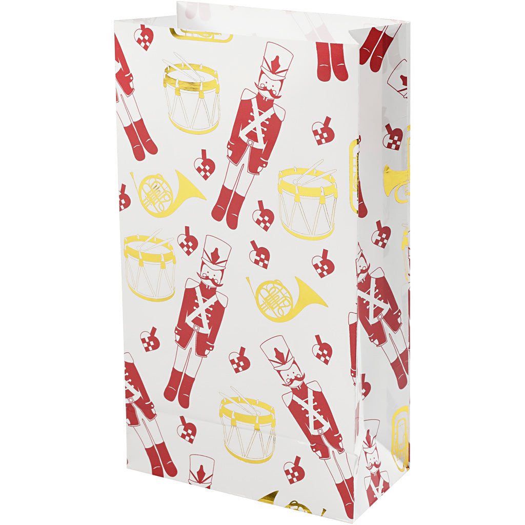 Sacs en papier Vivi gade, casse-noix, h: 21 cm, dim. 6x12 cm, or, rouge, blanc, 8 pièces 1 boîte
