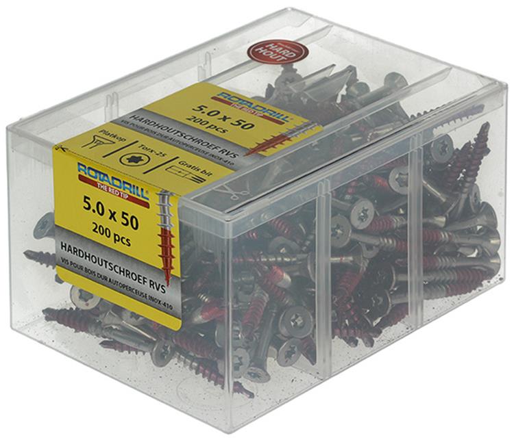 Rotadrill 1040037 - vis bois dur autotaraudeuse sppls.acier inoxydable t25 5.0x50mm (200) | 4 pièces