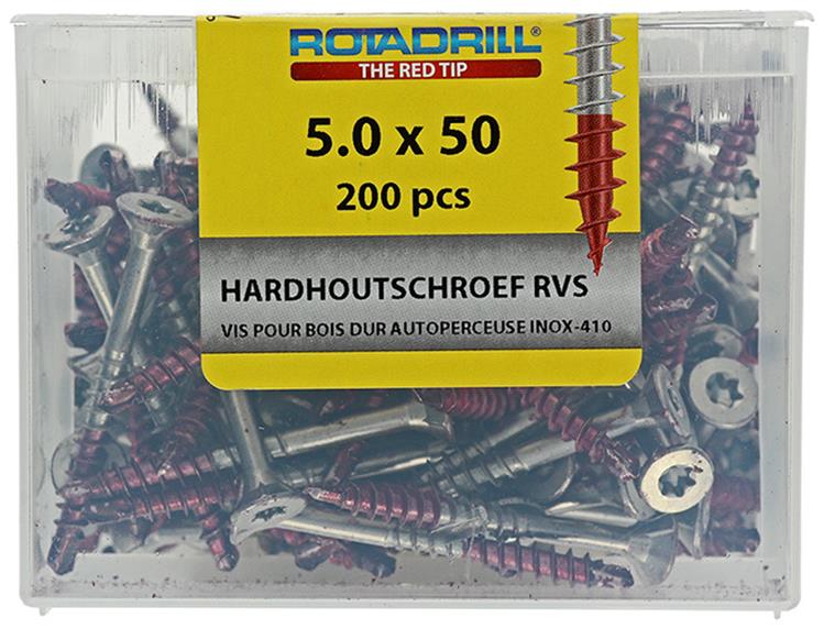 Rotadrill 1040037 - vis bois dur autotaraudeuse sppls.acier inoxydable t25 5.0x50mm (200) | 4 pièces