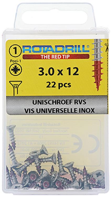Rotadrill 1039847 - vis universelle vk pzd inox-a2 3.0x12mm (22) | 6 pièces