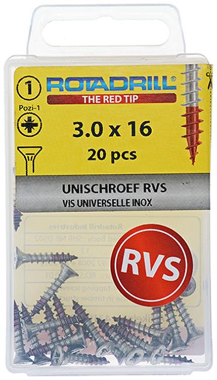 Rotadrill 1039848 - vis universelle vk pzd inox-a2 3.0x16mm (20) | 6 pièces