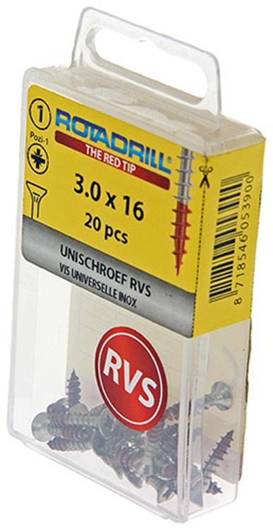 Rotadrill 1039848 - vis universelle vk pzd inox-a2 3.0x16mm (20) | 6 pièces
