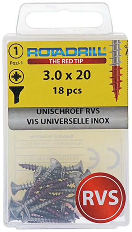 Rotadrill 1039849 - vis universelle vk pzd inox-a2 3.0x20mm (18) | 6 pièces