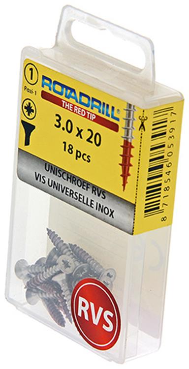 Rotadrill 1039849 - vis universelle vk pzd inox-a2 3.0x20mm (18) | 6 pièces
