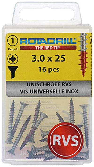Rotadrill 1039850 - vis universelle vk pzd inox-a2 3.0x25mm (16) | 6 pièces